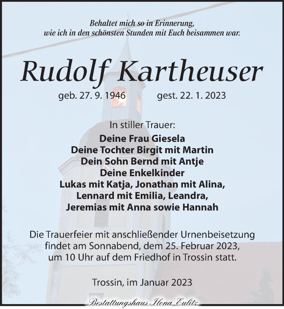  Traueranzeige für Rudolf Kartheuser vom 28.01.2023 aus Torgauer Zeitung