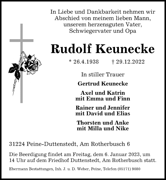 Traueranzeige von Rudolf Keunecke von Peiner Allgemeine Zeitung