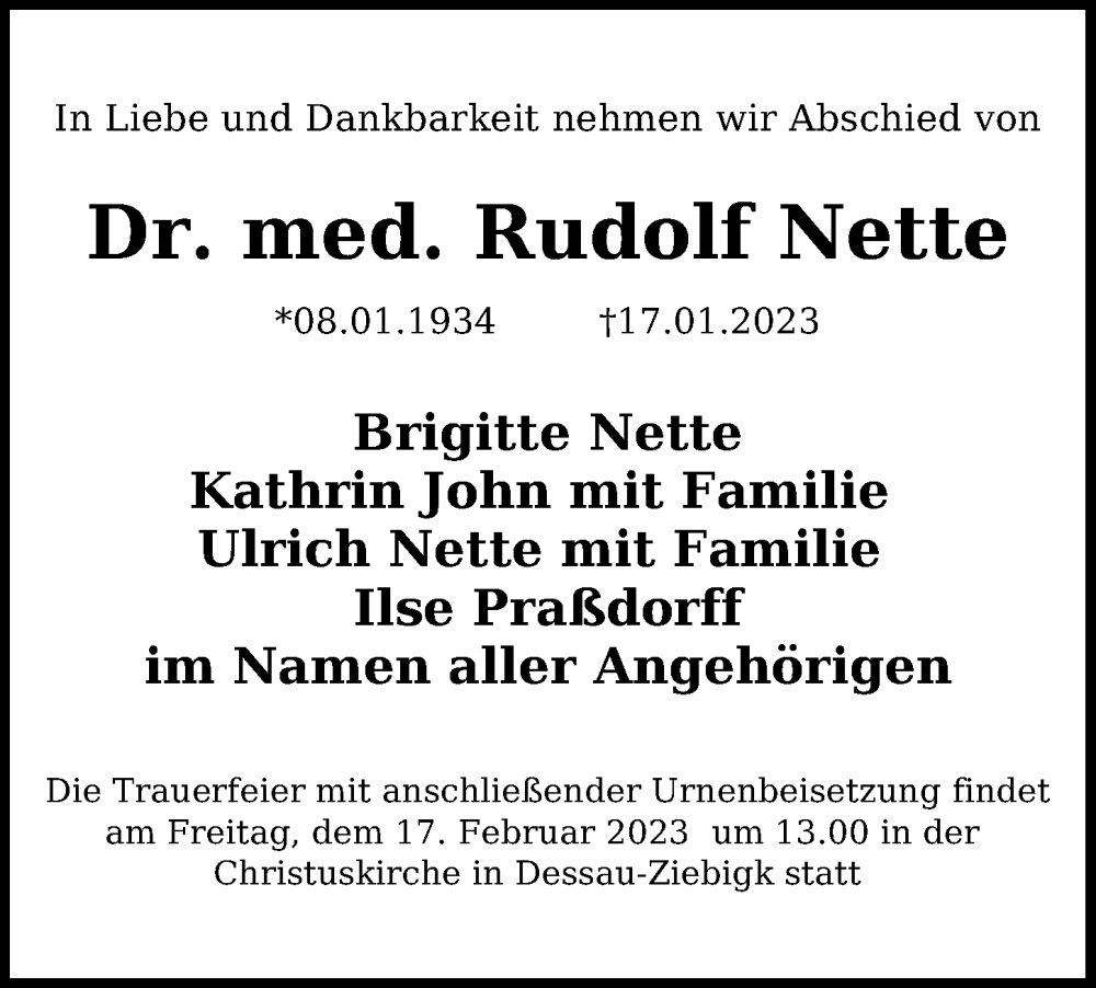  Traueranzeige für Rudolf Nette vom 24.01.2023 aus Märkischen Allgemeine Zeitung