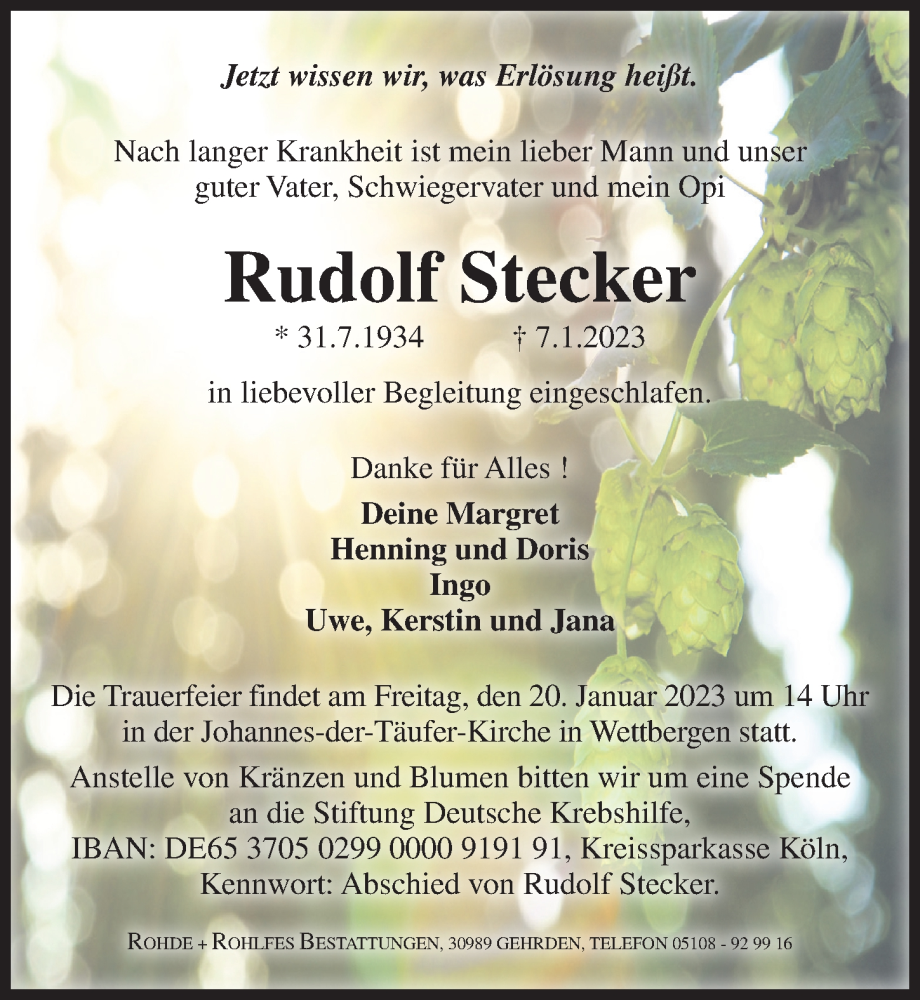  Traueranzeige für Rudolf Stecker vom 14.01.2023 aus Hannoversche Allgemeine Zeitung/Neue Presse