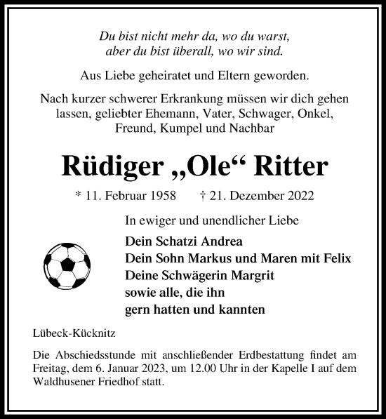 Traueranzeige von Rüdiger Ritter von Lübecker Nachrichten