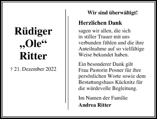 Traueranzeige von Rüdiger Ritter von Lübecker Nachrichten