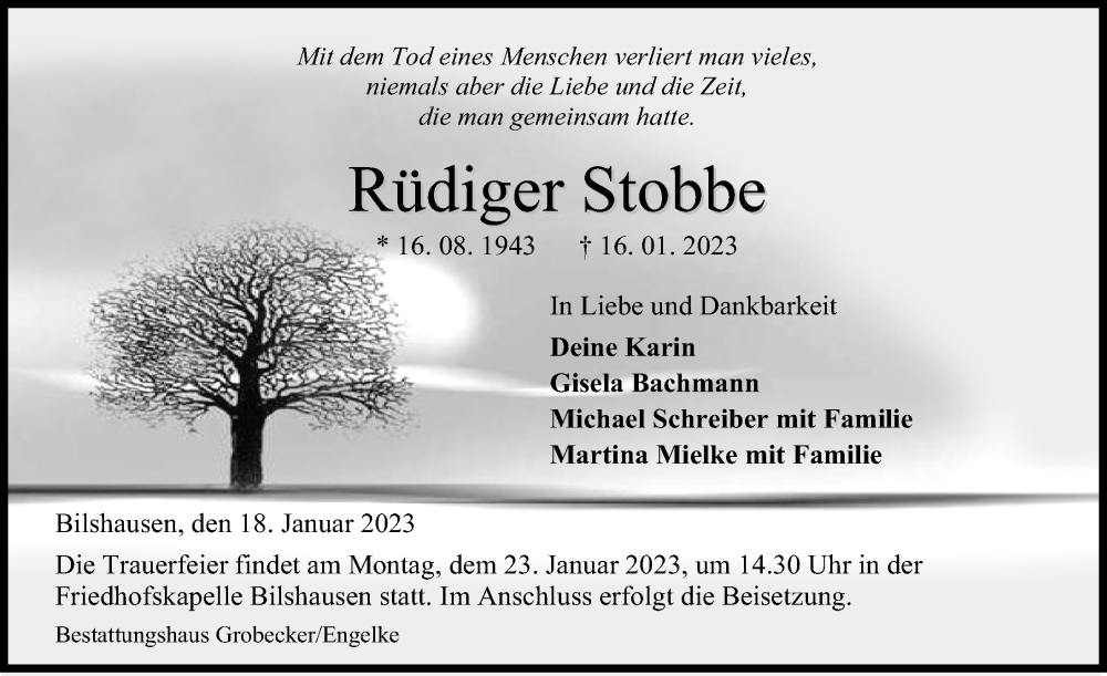  Traueranzeige für Rüdiger Stobbe vom 18.01.2023 aus Eichsfelder Tageblatt