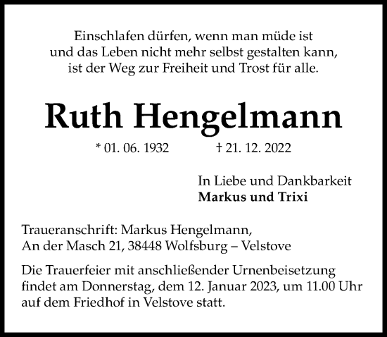 Traueranzeige von Ruth Hengelmann von Aller Zeitung