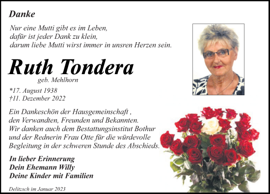 Traueranzeige von Ruth Tondes von Leipziger Volkszeitung