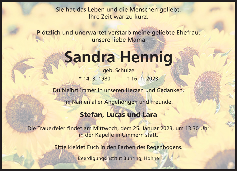  Traueranzeige für Sandra Hennig vom 20.01.2023 aus Aller Zeitung