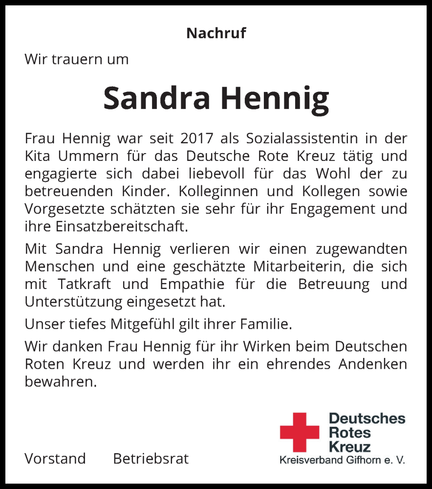  Traueranzeige für Sandra Hennig vom 25.01.2023 aus Aller Zeitung