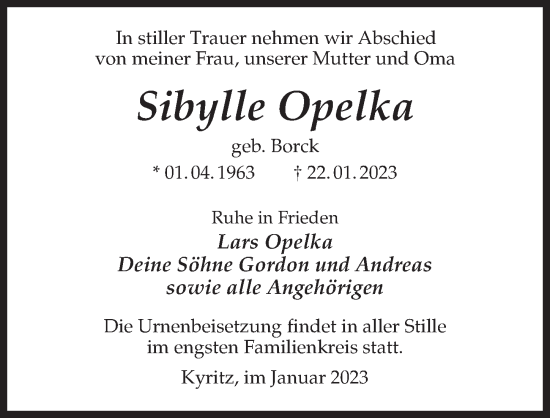 Traueranzeige von Sibylle Opelka von Märkischen Allgemeine Zeitung