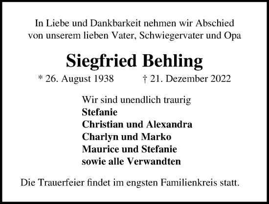 Traueranzeige von Siegfried Behling von Lübecker Nachrichten