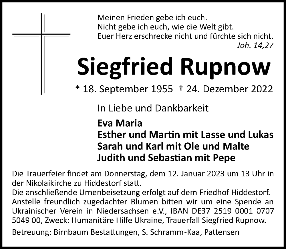 Traueranzeige für Siegfried Rupnow vom 07.01.2023 aus Hannoversche Allgemeine Zeitung/Neue Presse
