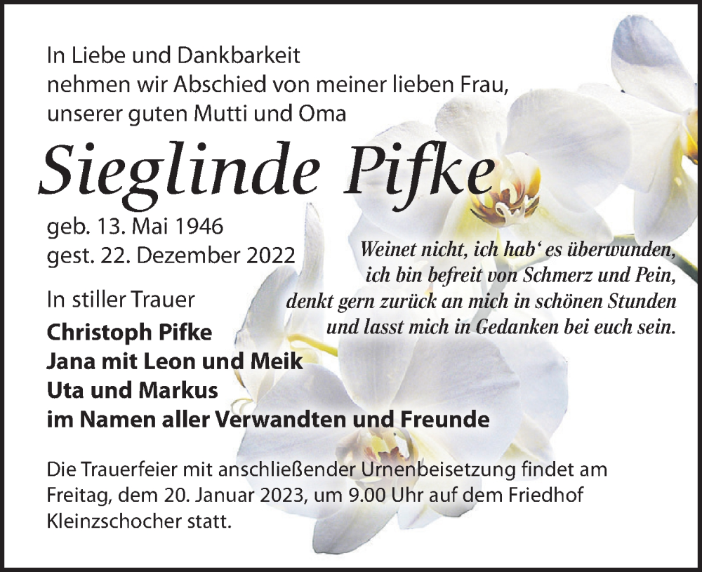  Traueranzeige für Sieglinde Pifke vom 07.01.2023 aus Leipziger Volkszeitung