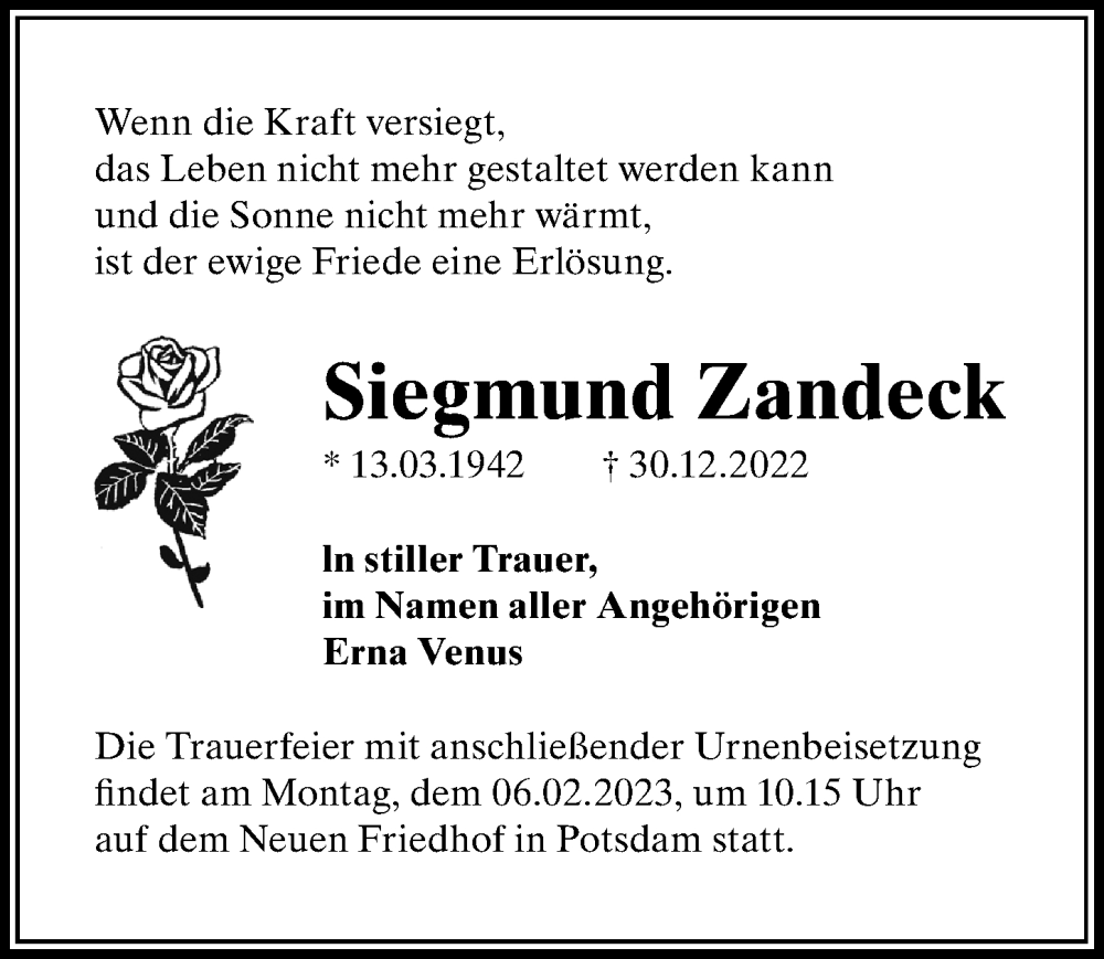  Traueranzeige für Siegmund Zandeck vom 28.01.2023 aus Märkischen Allgemeine Zeitung