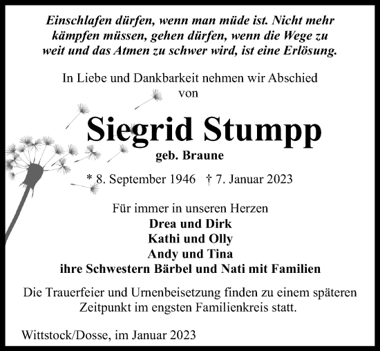 Traueranzeige von Siegrid Stumpp von Märkischen Allgemeine Zeitung