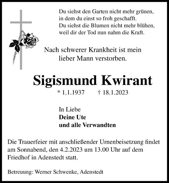Traueranzeige von Sigismund Kwirant von Peiner Allgemeine Zeitung