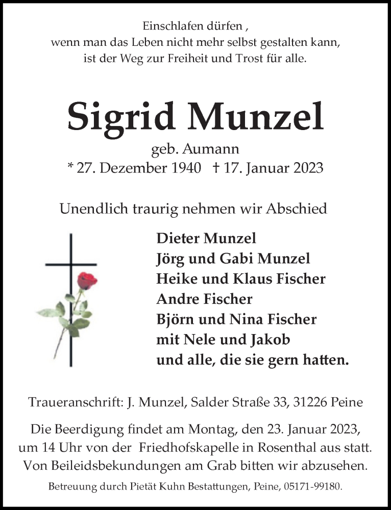  Traueranzeige für Sigrid Munzel vom 19.01.2023 aus Peiner Allgemeine Zeitung