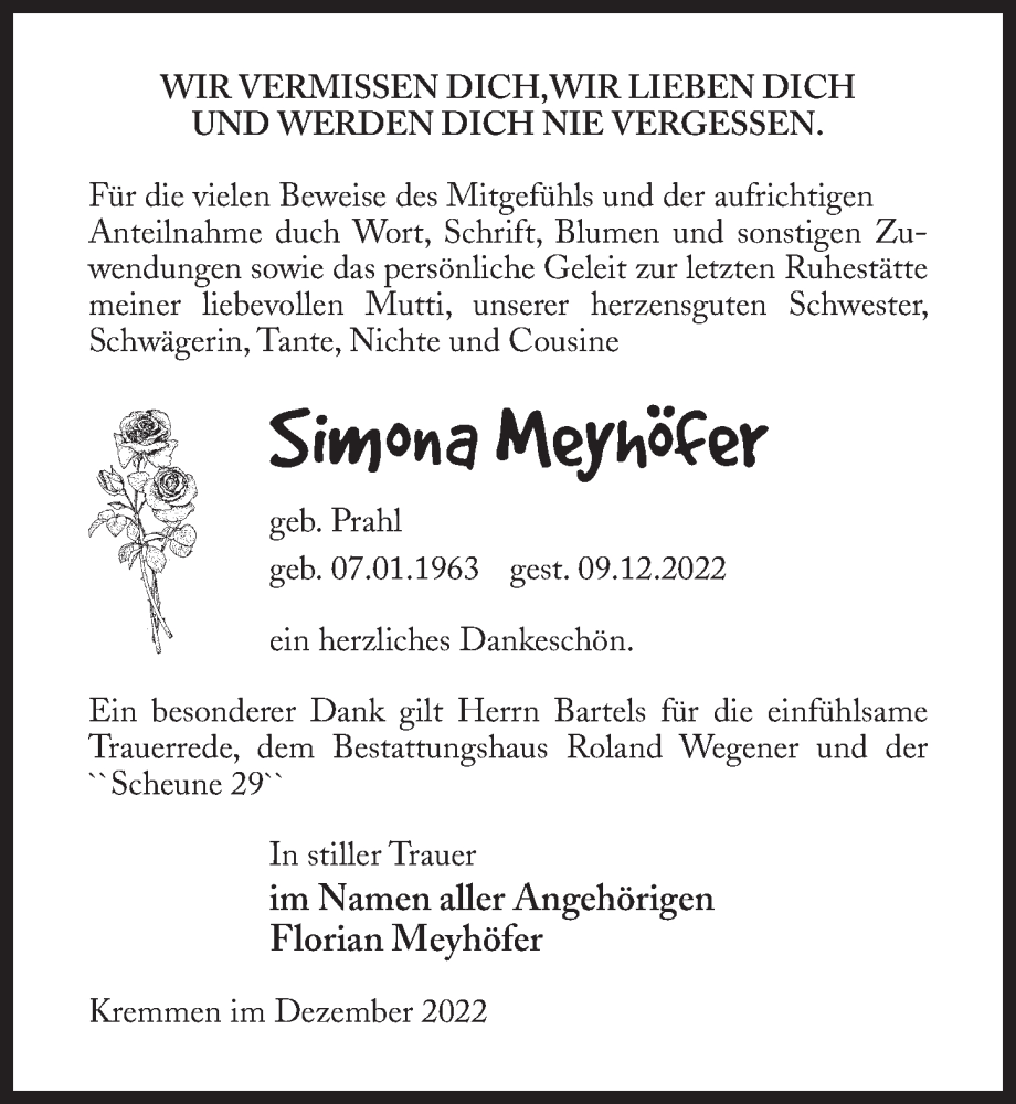  Traueranzeige für Simona Meyhöfer vom 07.01.2023 aus Märkischen Allgemeine Zeitung
