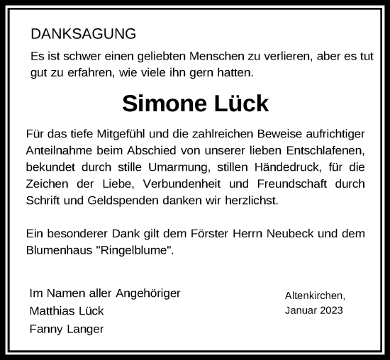 Traueranzeige von Simone Lück von Ostsee-Zeitung GmbH