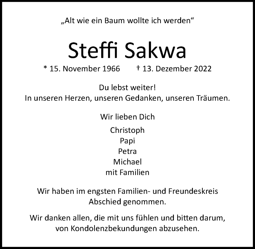  Traueranzeige für Steffi Sakwa vom 15.01.2023 aus Lübecker Nachrichten