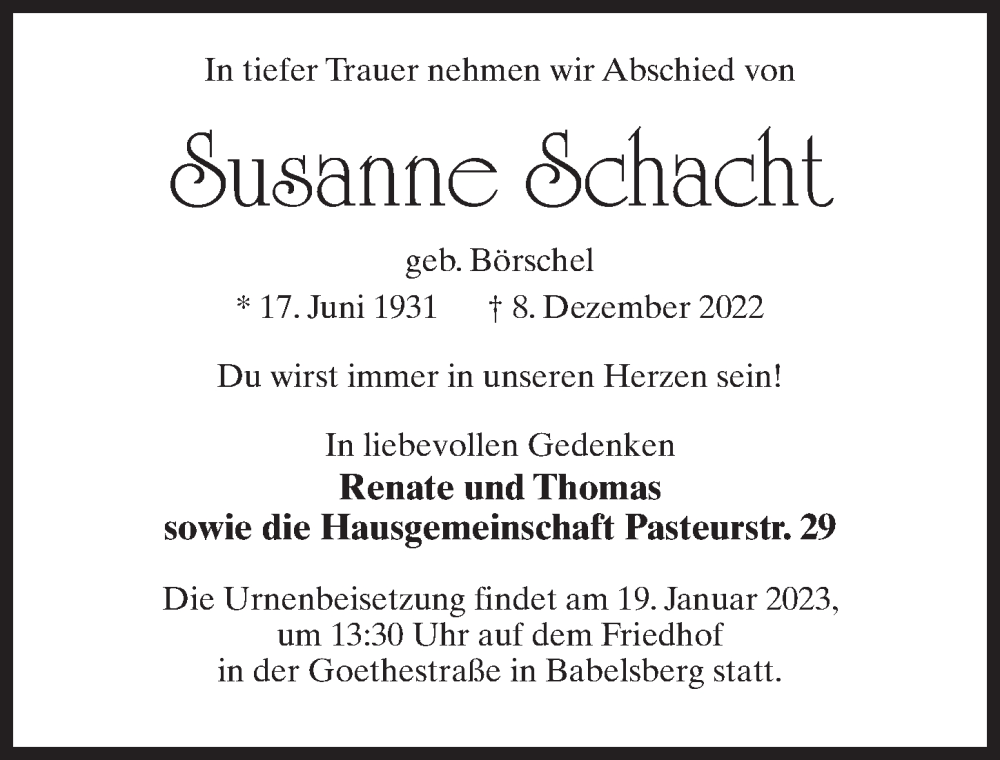  Traueranzeige für Susanne Schacht vom 07.01.2023 aus Märkischen Allgemeine Zeitung