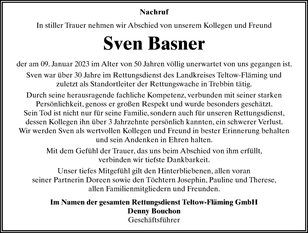  Traueranzeige für Sven Basner vom 28.01.2023 aus Märkischen Allgemeine Zeitung