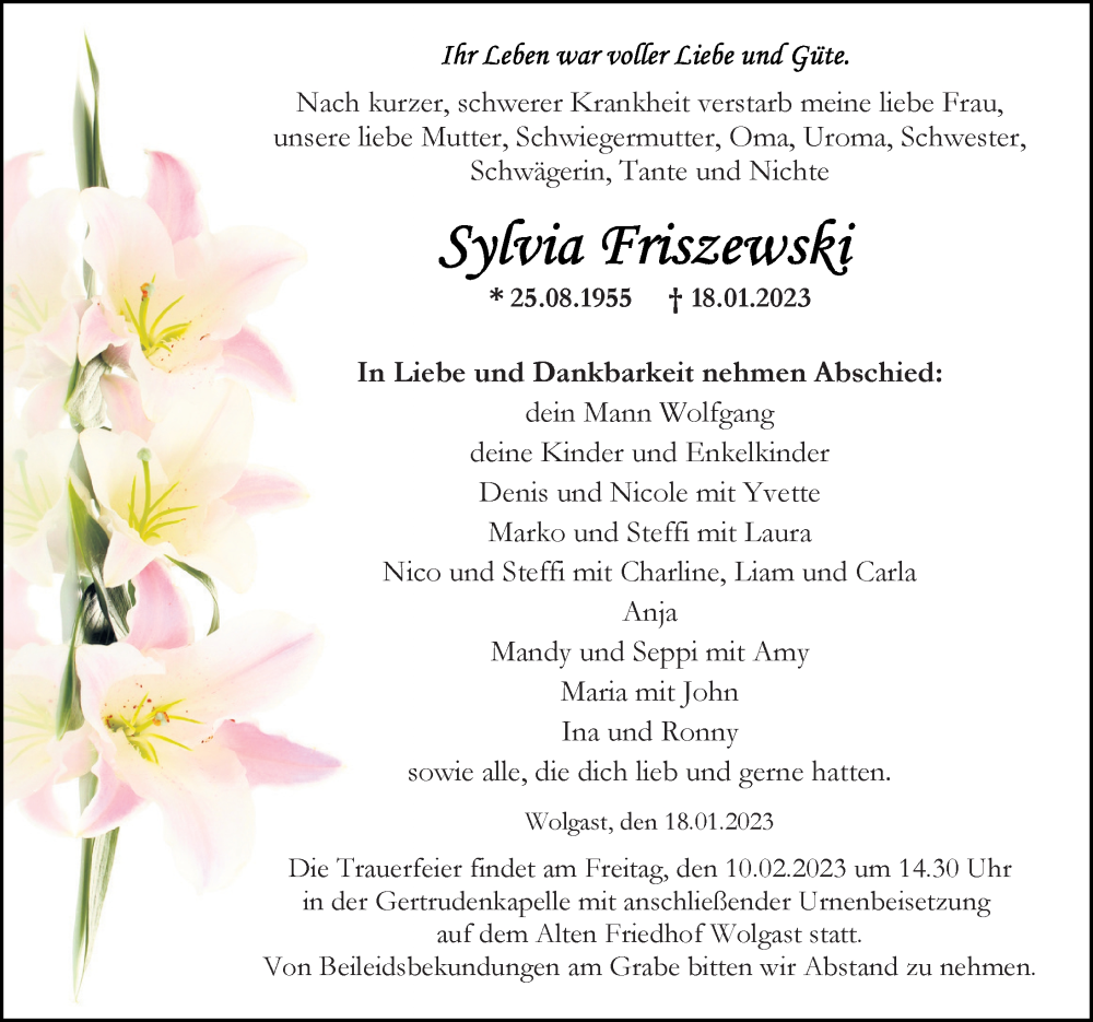  Traueranzeige für Sylvia Friszewski vom 21.01.2023 aus Ostsee-Zeitung GmbH