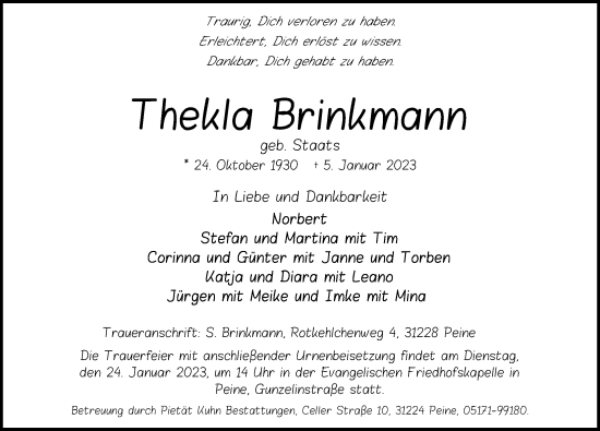 Traueranzeige von Theklqa Brinkmann von Peiner Allgemeine Zeitung