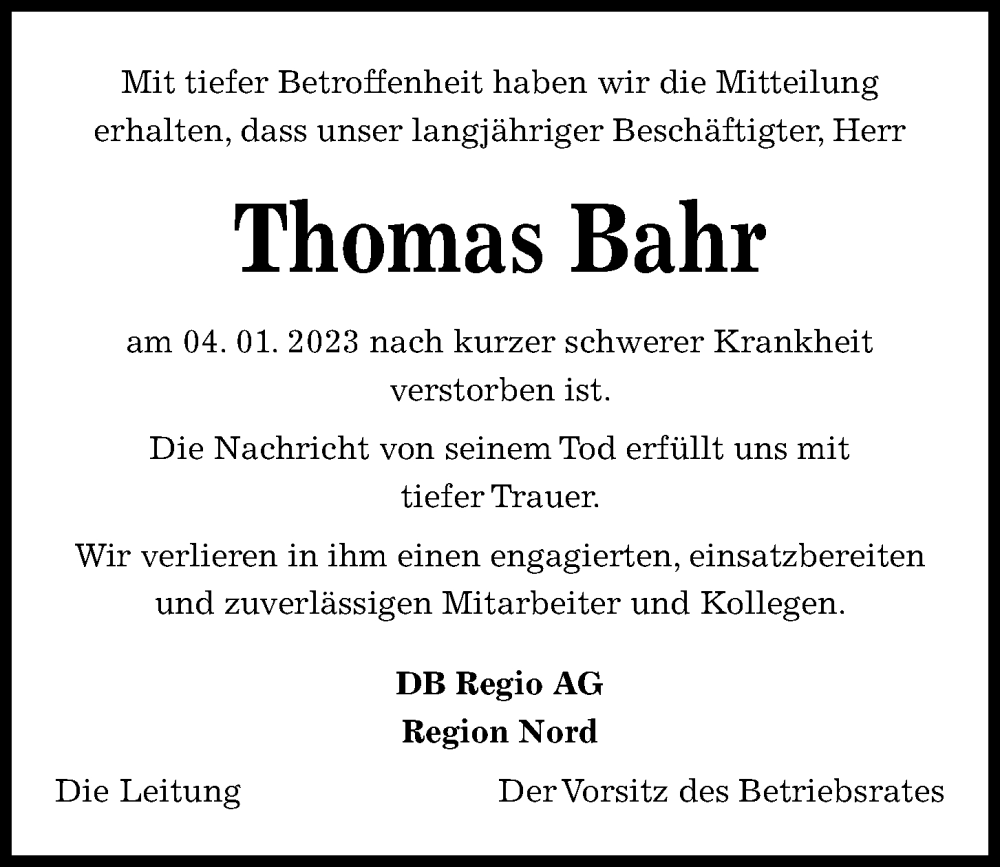  Traueranzeige für Thomas Bahr vom 25.01.2023 aus Kieler Nachrichten