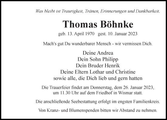 Traueranzeige von Thomas Böhnke von Ostsee-Zeitung GmbH