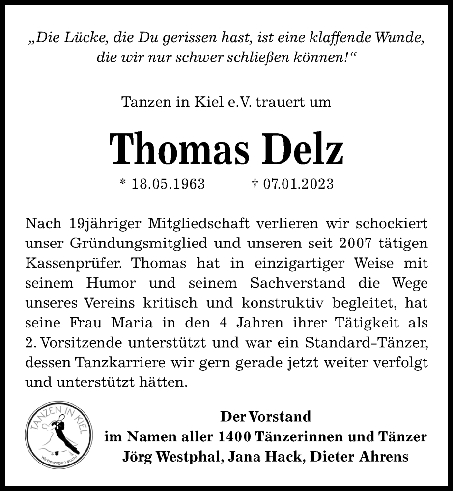  Traueranzeige für Thomas Delz vom 14.01.2023 aus Kieler Nachrichten