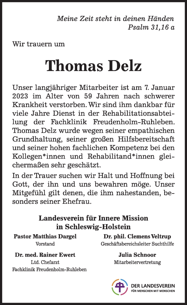  Traueranzeige für Thomas Delz vom 14.01.2023 aus Kieler Nachrichten