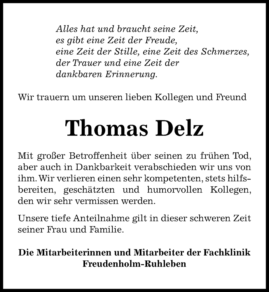  Traueranzeige für Thomas Delz vom 14.01.2023 aus Kieler Nachrichten