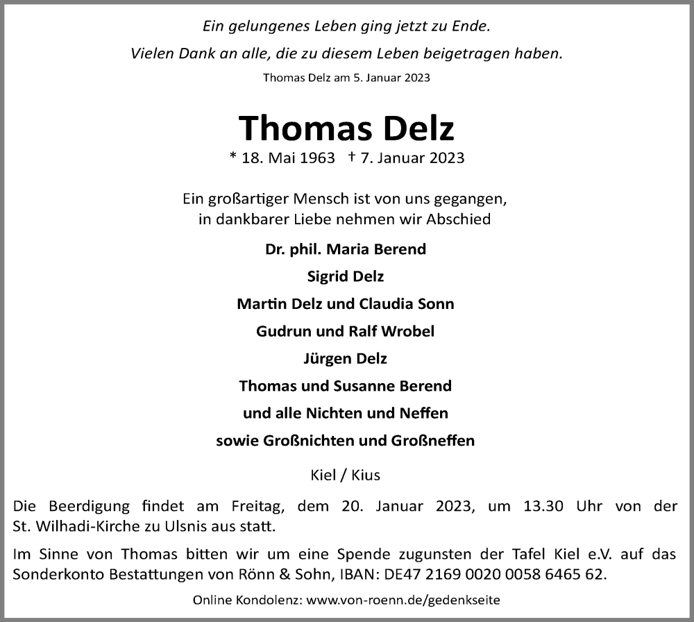  Traueranzeige für Thomas Delz vom 14.01.2023 aus Kieler Nachrichten