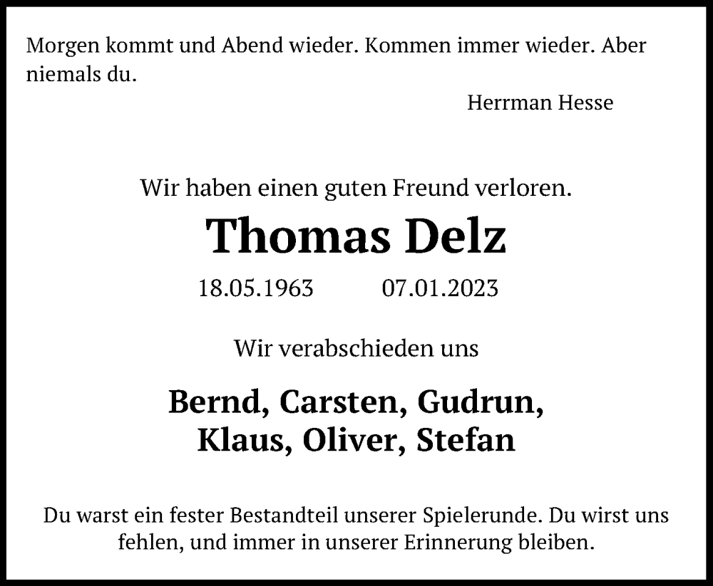  Traueranzeige für Thomas Delz vom 14.01.2023 aus Kieler Nachrichten