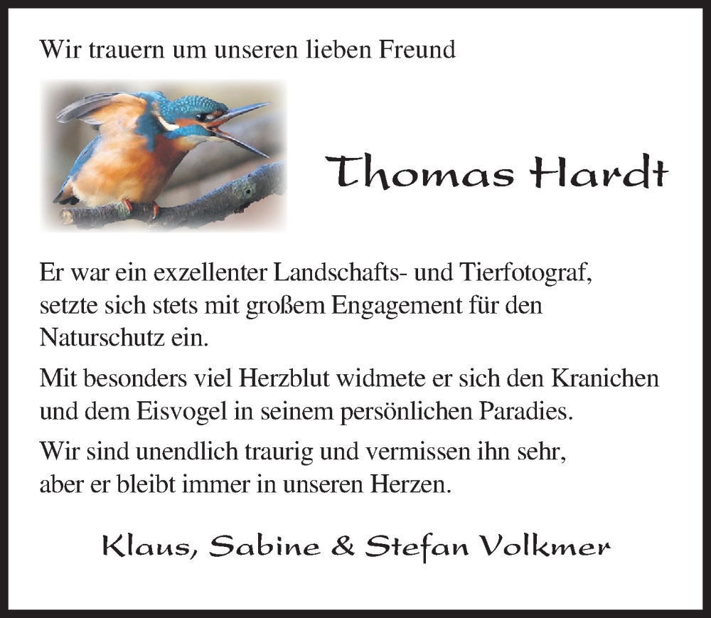  Traueranzeige für Thomas Hardt vom 14.01.2023 aus Aller Zeitung