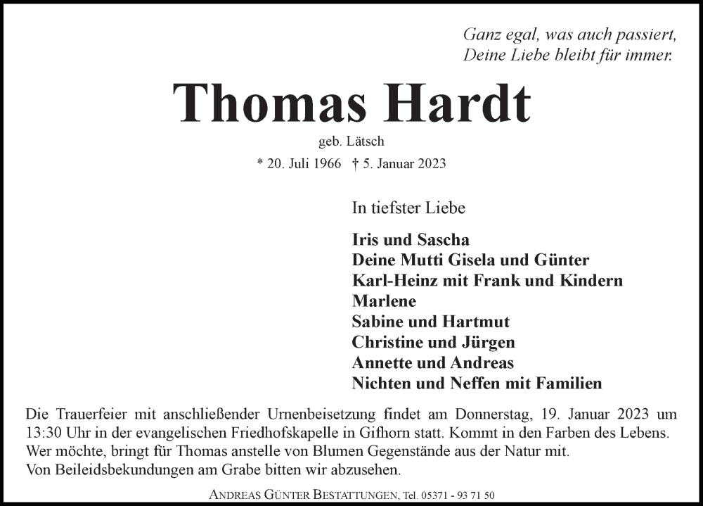  Traueranzeige für Thomas Hardt vom 14.01.2023 aus Aller Zeitung