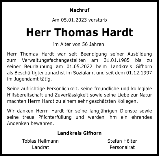 Traueranzeige von Thomas Hardt von Aller Zeitung