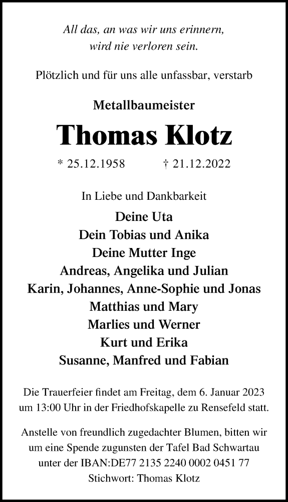  Traueranzeige für Thomas Klotz vom 01.01.2023 aus Lübecker Nachrichten