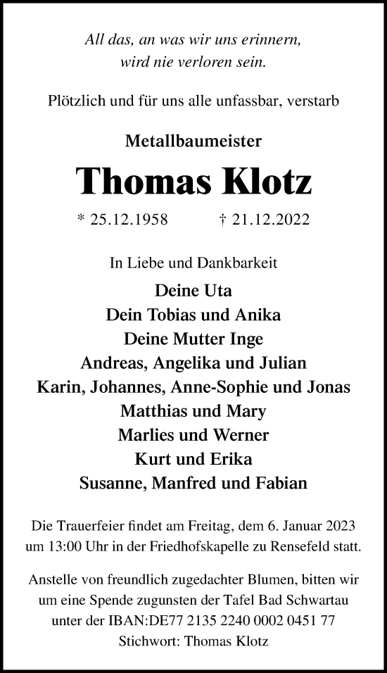Traueranzeige von Thomas Klotz von Lübecker Nachrichten
