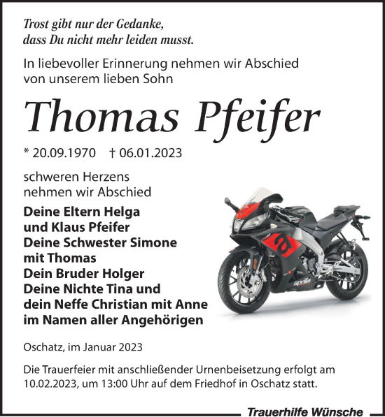Traueranzeige von Thomas Pfeifer von Leipziger Volkszeitung
