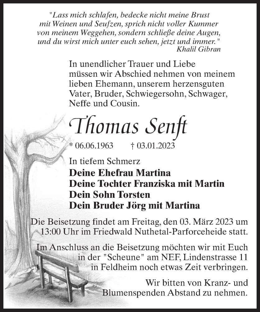  Traueranzeige für Thomas Senft vom 28.01.2023 aus Märkischen Allgemeine Zeitung