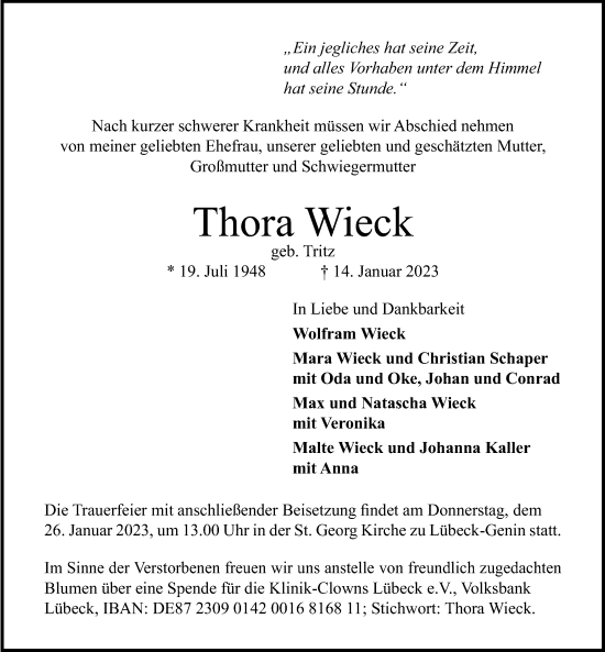 Traueranzeige von Thora Wieck von Lübecker Nachrichten