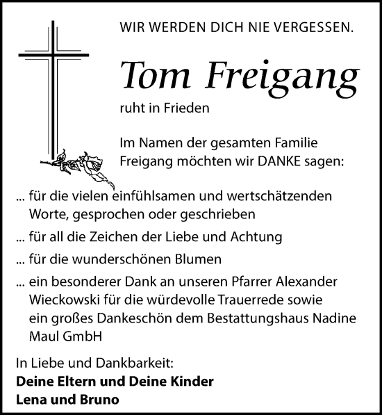 Traueranzeige von Tom Freigang von Leipziger Volkszeitung