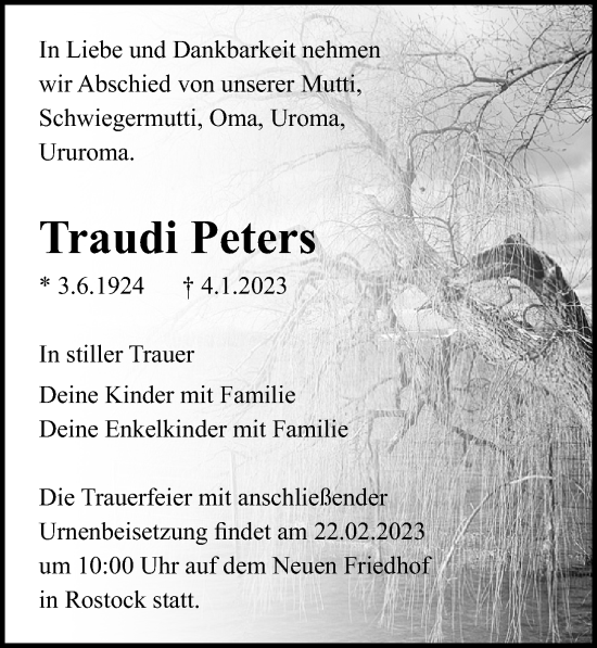 Traueranzeige von Traudi Peters von Ostsee-Zeitung GmbH