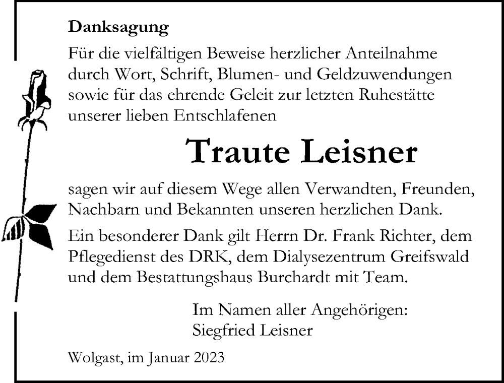  Traueranzeige für Traute Leisner vom 14.01.2023 aus Ostsee-Zeitung GmbH