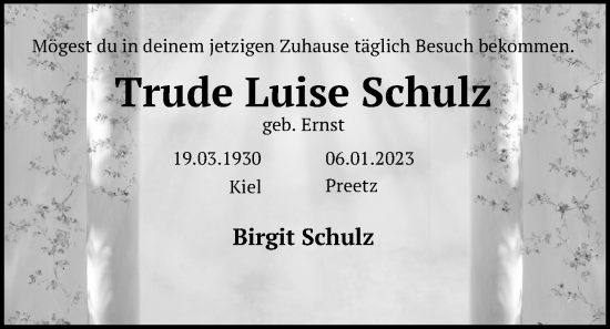 Traueranzeige von Trude Luise Schulz von Kieler Nachrichten