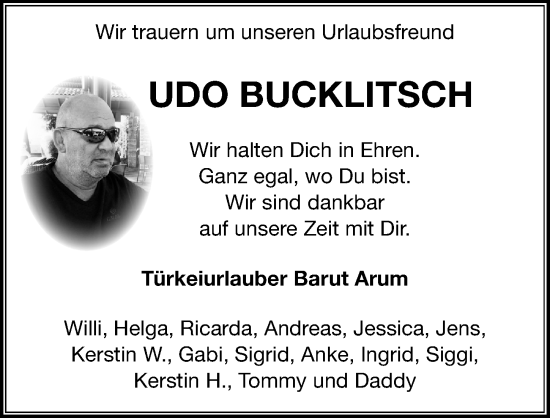 Traueranzeige von Udo Bucklitsch von Aller Zeitung