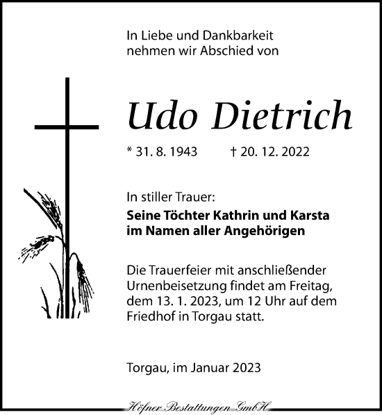 Traueranzeige von Udo Dietrich von Torgauer Zeitung
