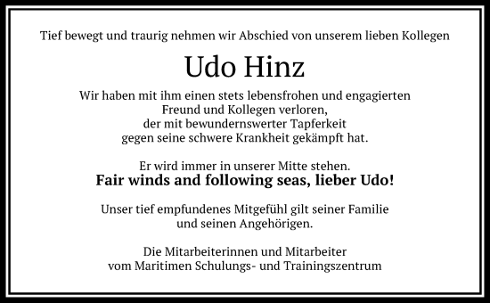 Traueranzeige von Udo Hinz von Lübecker Nachrichten