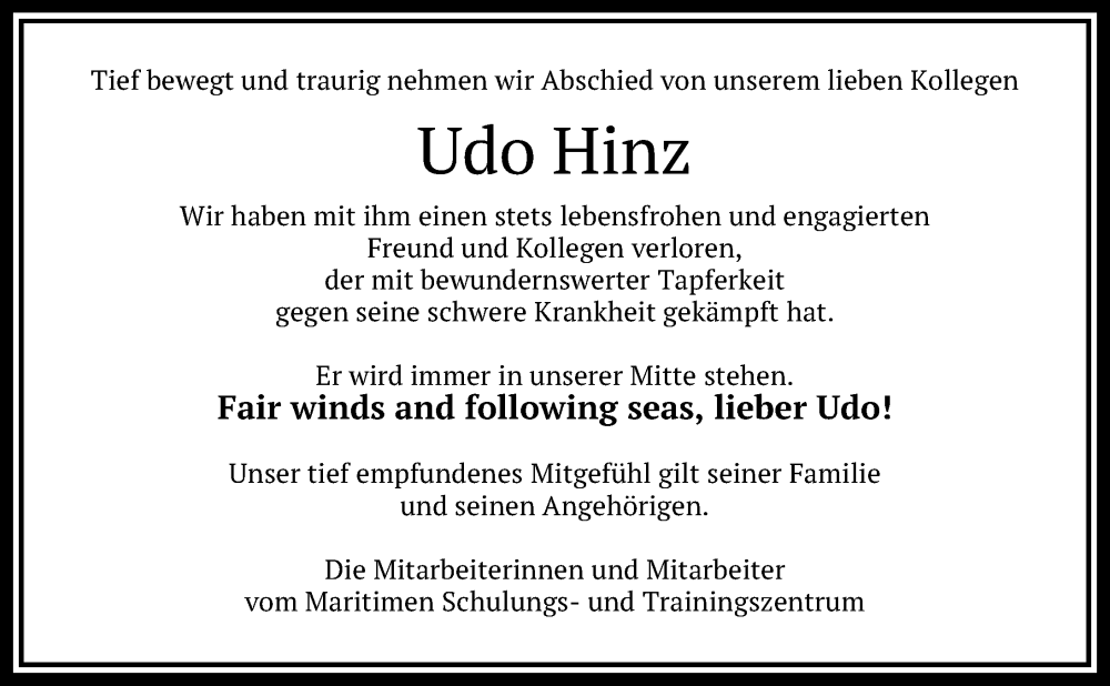  Traueranzeige für Udo Hinz vom 06.01.2023 aus Lübecker Nachrichten