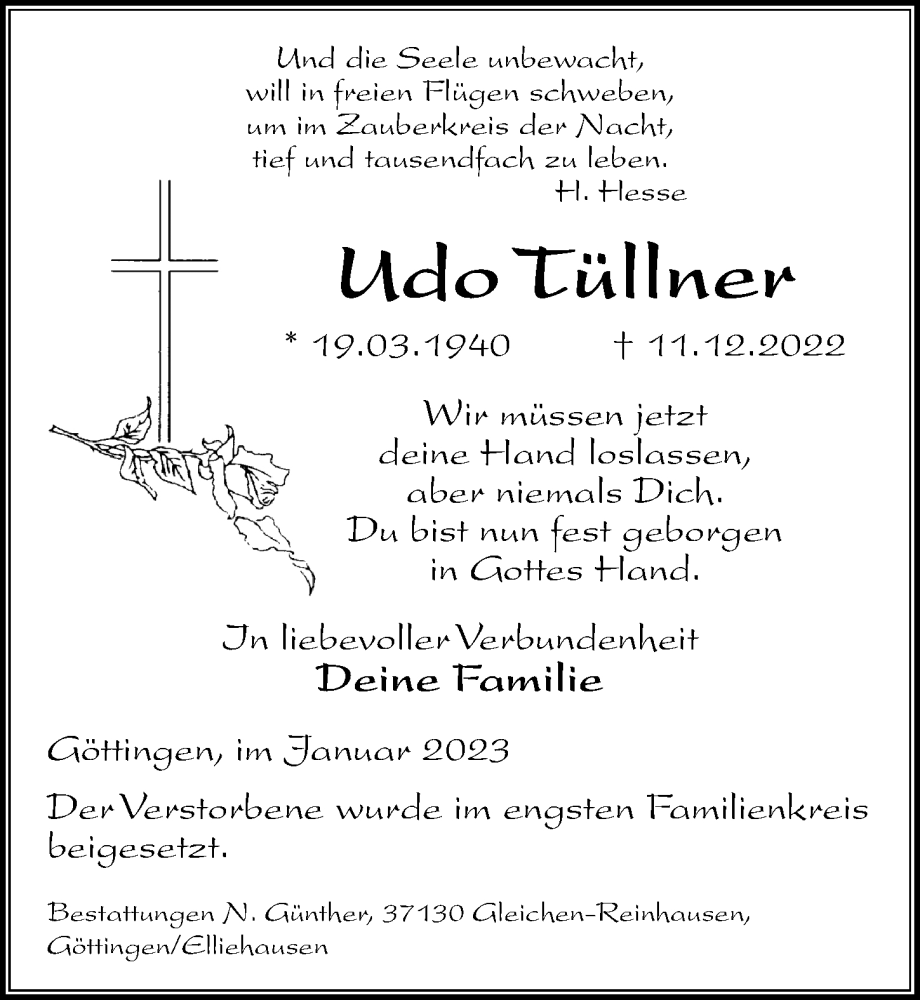  Traueranzeige für Udo Tüllner vom 07.01.2023 aus Göttinger Tageblatt